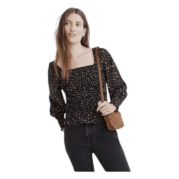 Madewell Lucie Smocked Georgette Blouse Black Floral Print Bubble Long Sleeve S - Picture 1 of 13